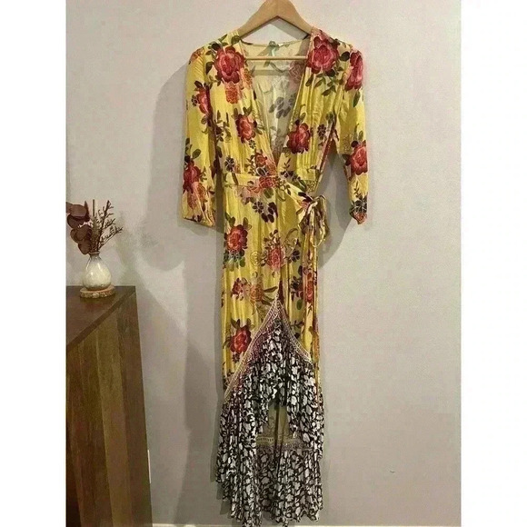 Farm Rio Maxi Dress XS Floral Yellow Pink Wrap Anthropologie Midi Asymmetrical - Picture 5 of 9